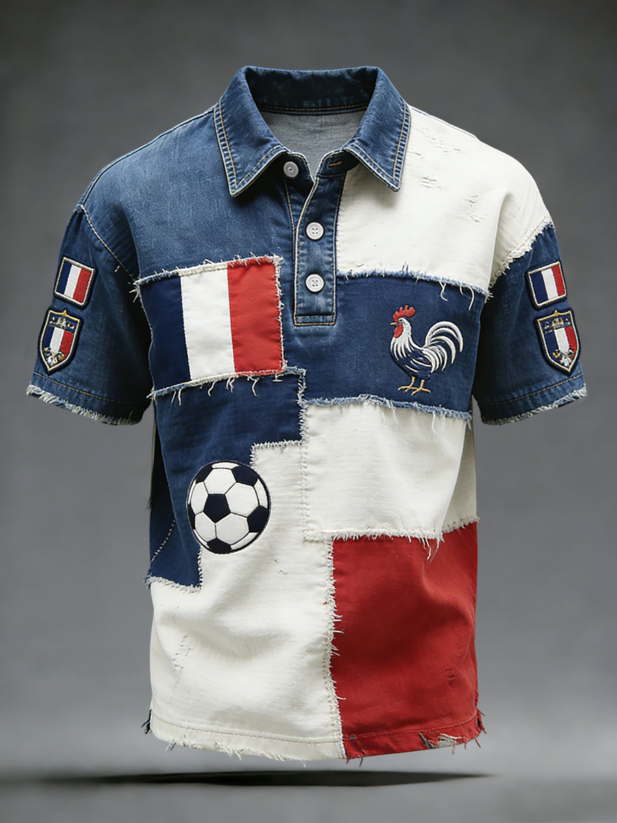 Polo décontracté rétro drapeau français Football Patch