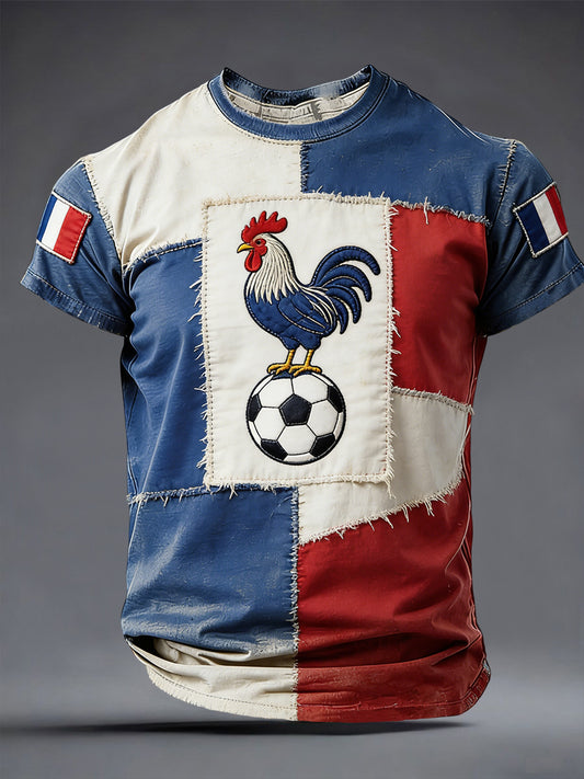 Rétro Français Coq Football Patchwork T-shirt décontracté