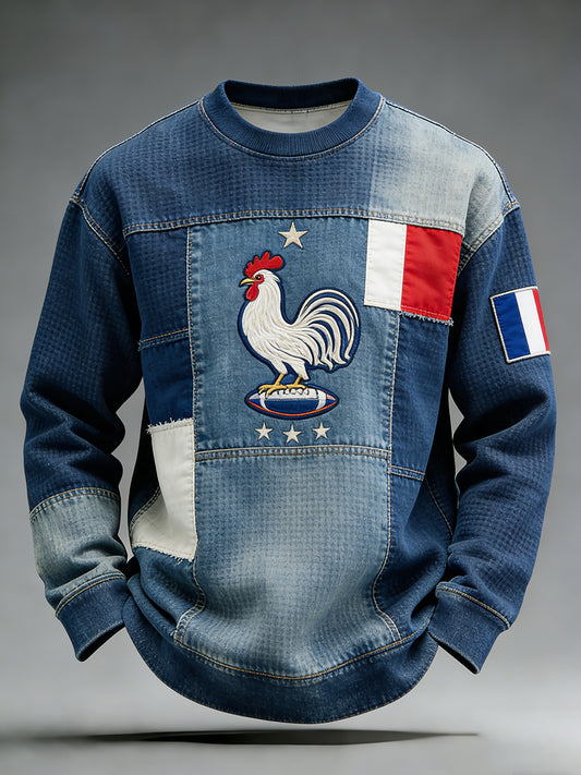 Sweat-shirt waffle décontracté rétro français de rugby