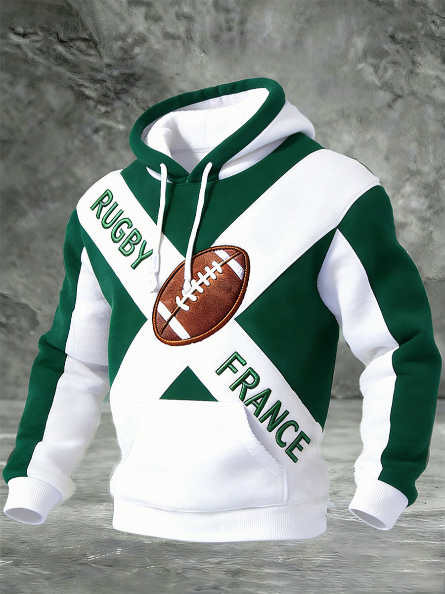 Sweat-shirt à capuche décontracté imprimé en fausse polaire style rugby français pour homme