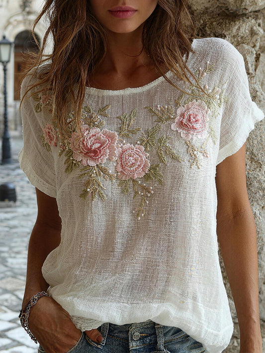 Chemise en mélange de lin à motif floral pour femmes
