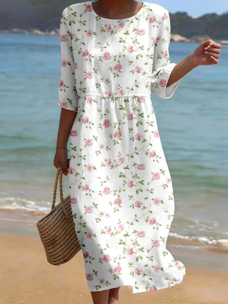 Robe en mélange de lin à motif floral pour femmes