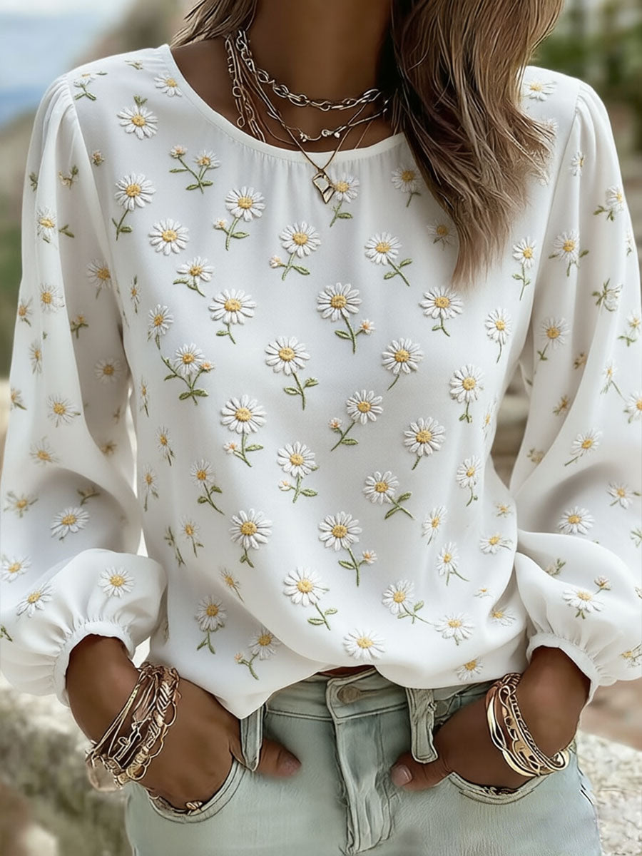 T-shirt décontracté pour femme avec impression artistique de marguerites