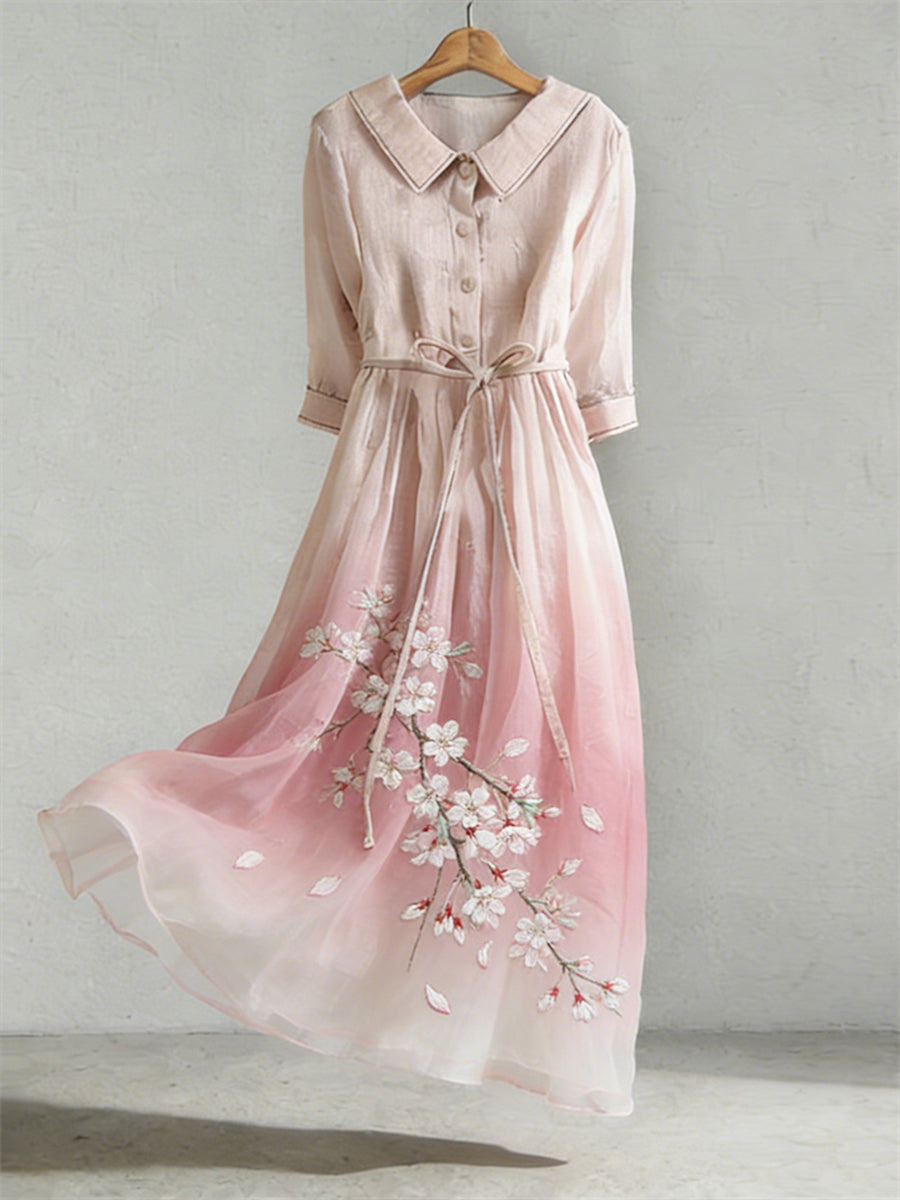 Robe en mélange de lin à motif de broderie de fleurs de cerisier pour femmes