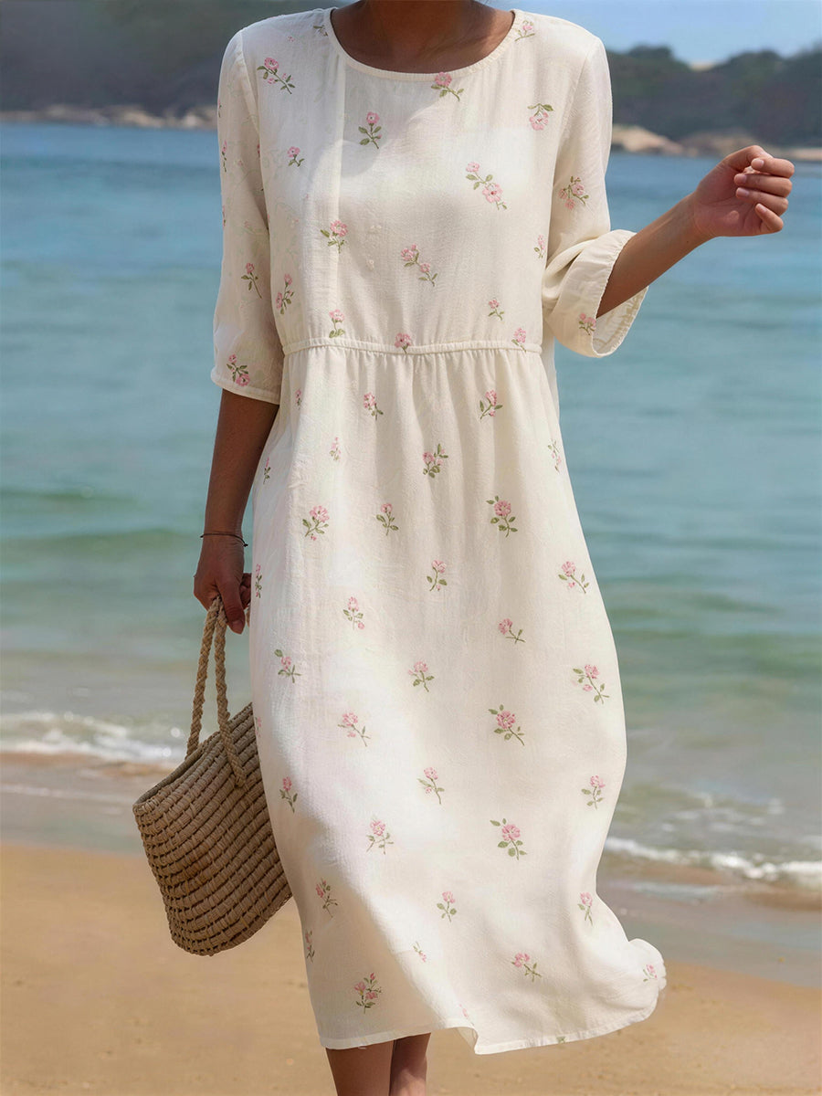 Robe en mélange de lin à motif floral pour femmes