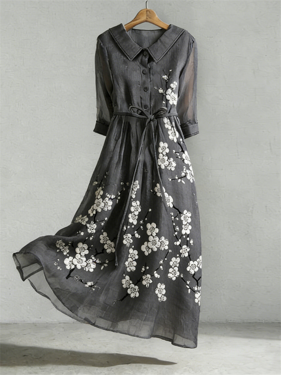 Robe en mélange de lin à motif brodé floral pour femme