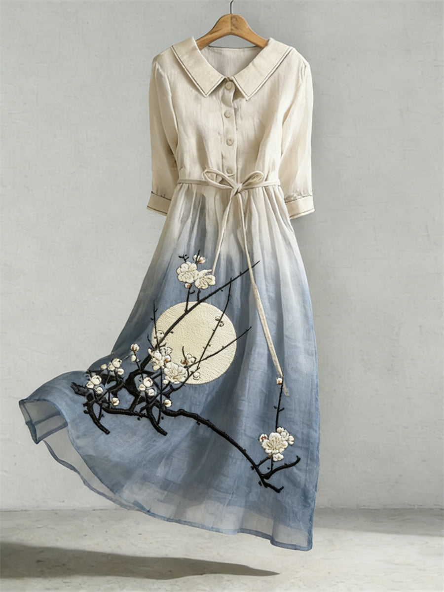Robe en mélange de lin à motif brodé floral pour femme