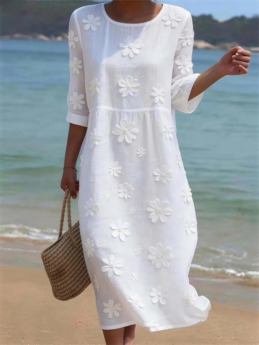 Robe en mélange de lin à motif floral pour femmes