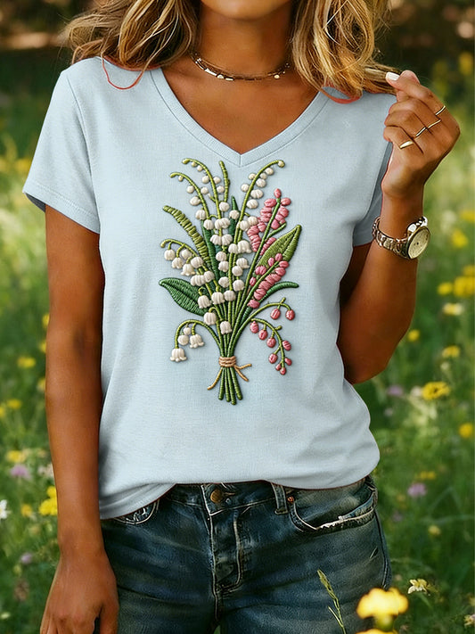Femmes Vintage Lily of the Valley Floral Art Casual T-shirt