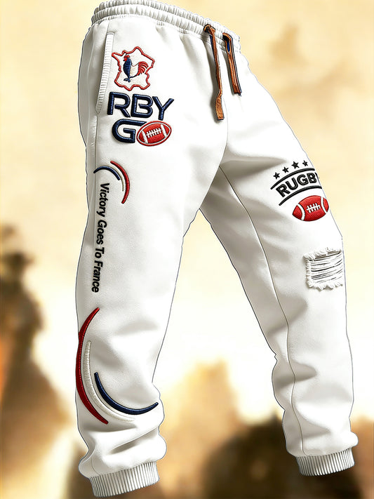 Hommes Blanc Français Rugby Six Nations Imprimer Sports Pantalons de survêtement Casual