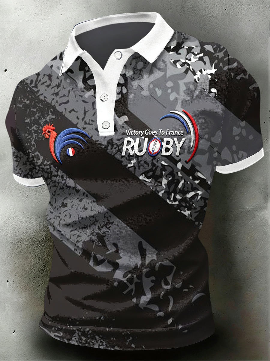 Polo décontracté à imprimé rugby coq français gris foncé pour homme