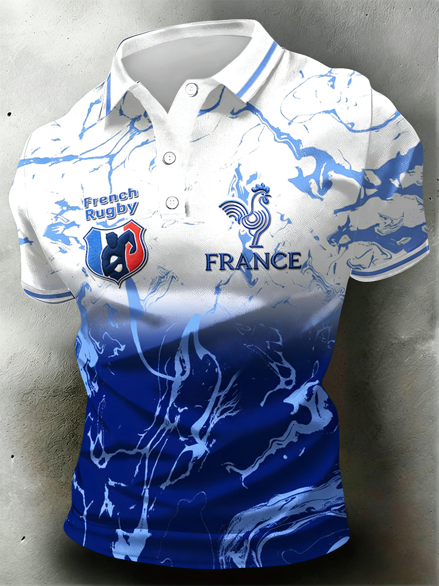 Polo en jersey décontracté imprimé dégradé bleu de rugby coq français pour homme
