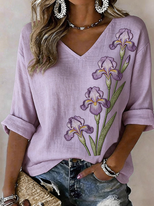 Chemise en mélange de lin à motif de broderie en fleurs d'iris pour femme
