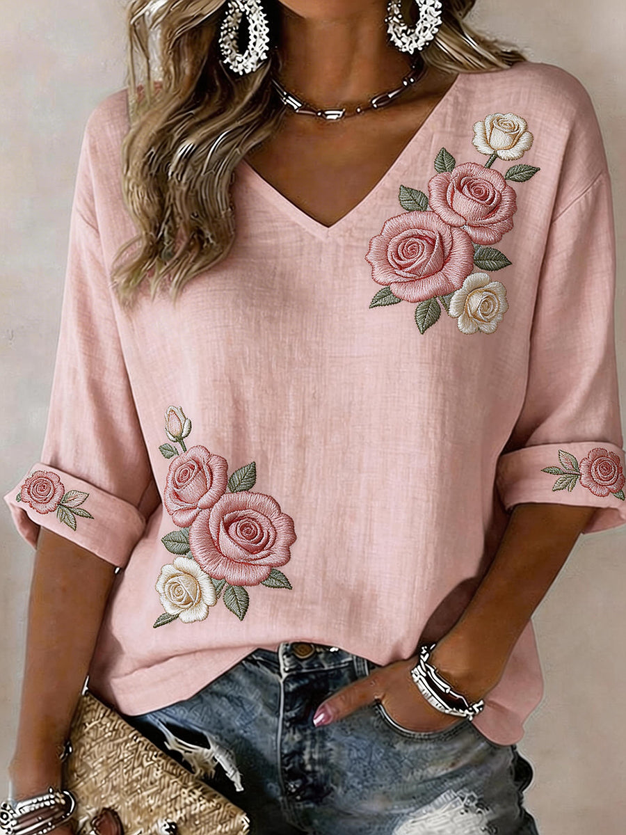 Chemise en mélange de lin à motif de broderie rose romantique pour femmes