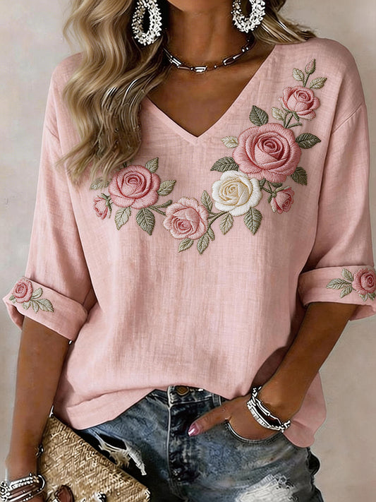 Chemise en mélange de lin à motif de broderie rose romantique pour femmes