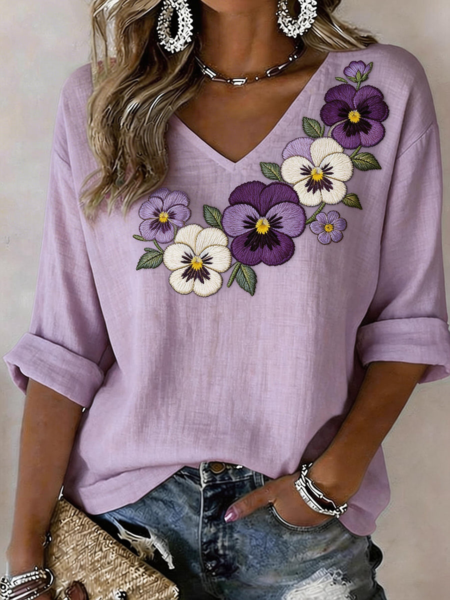 Chemise pour femme en mélange de lin, motif brodé floral pensée