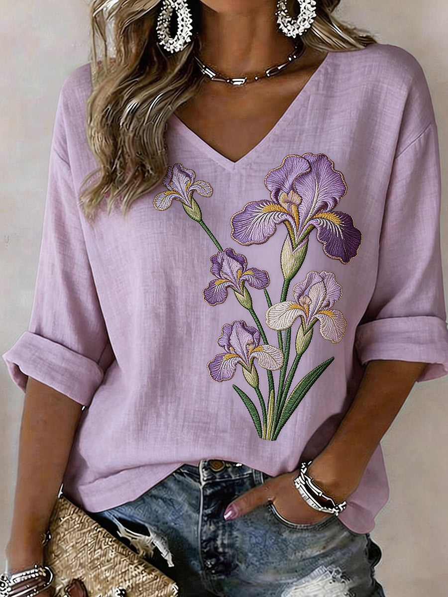 Chemise Femme Iris Flower Broderie Pattern Lin Blend