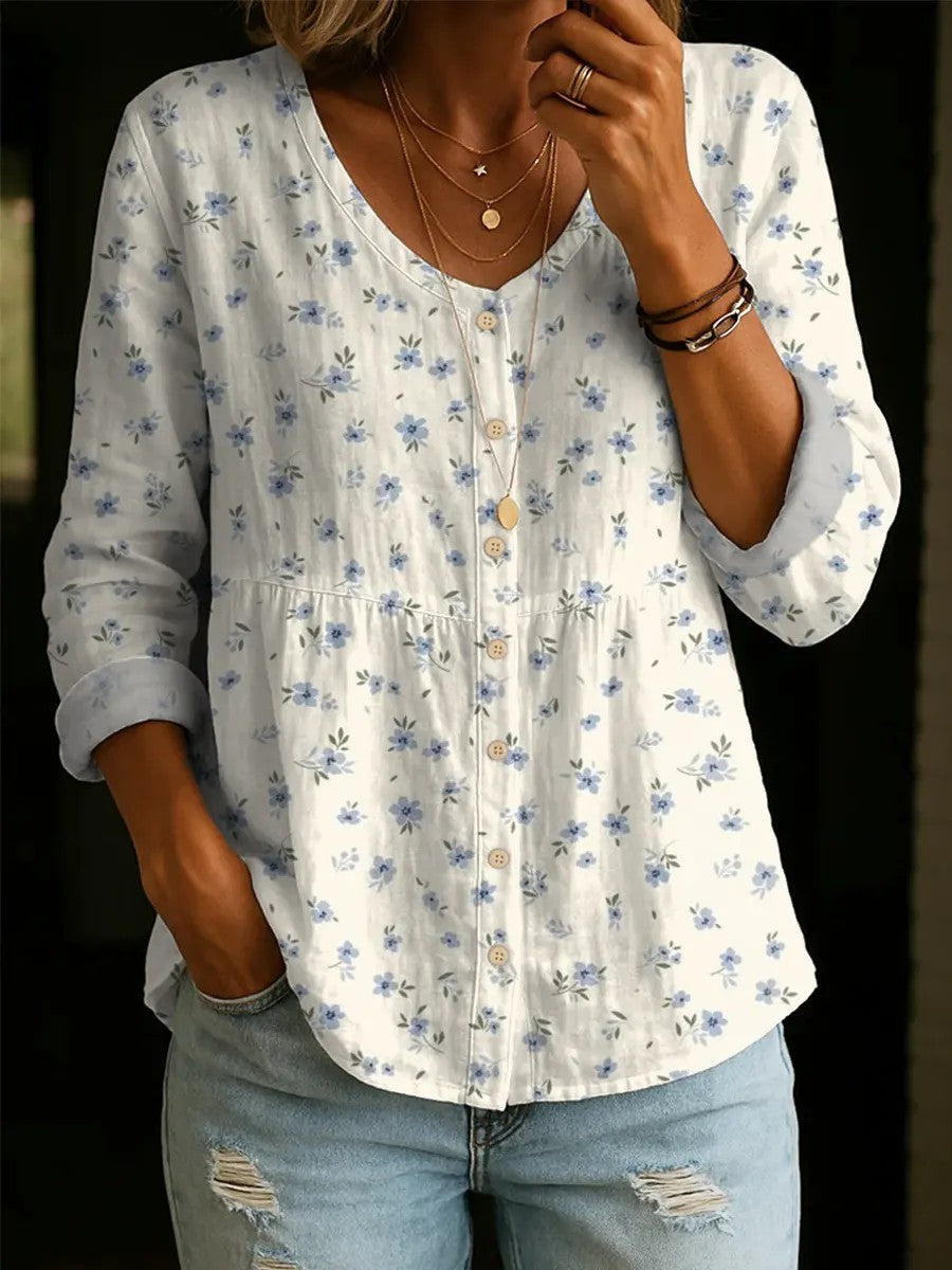 Motif Floral Art Print Casual Coton Lin Chemise Femme