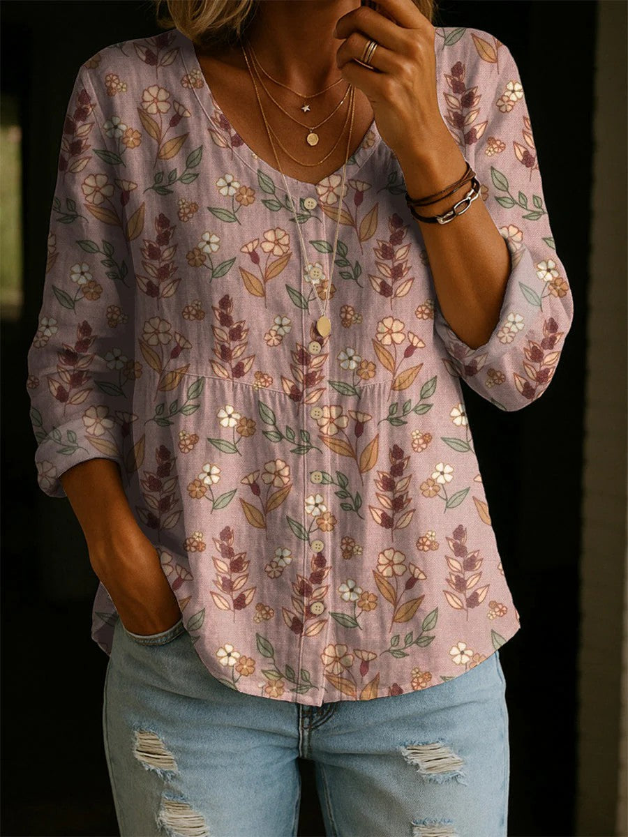 Motif Floral Art Print Casual Coton Lin Chemise Femme