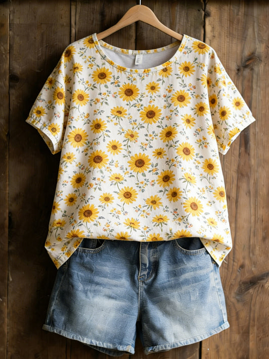 T-shirt décontracté pour femmes avec imprimé plantes et fleurs