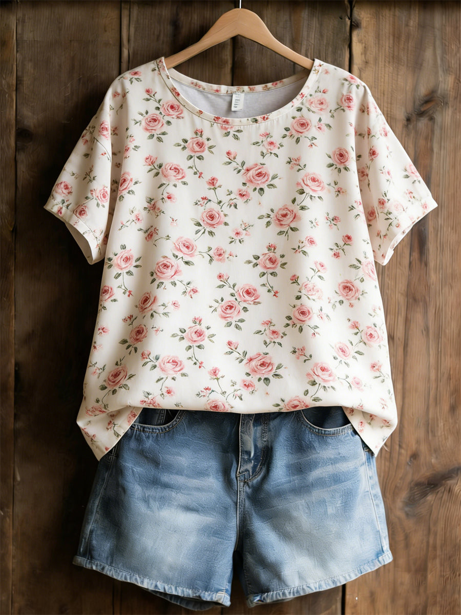 T-shirt décontracté pour femmes avec imprimé plantes et fleurs