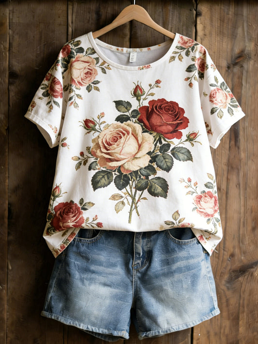 Plants Flowers Print T-shirt décontracté pour femmes