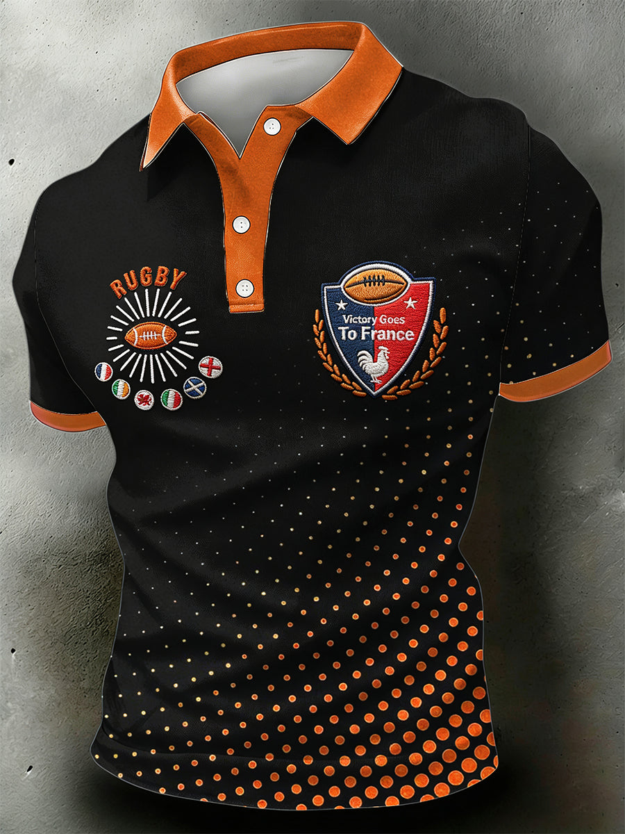 Maillot à manches courtes polo à patchwork noir imprimé rugby français pour homme