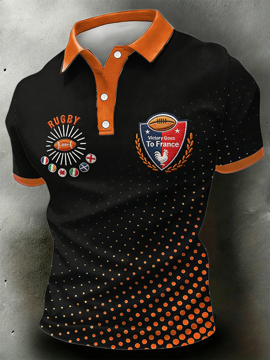Maillot à manches courtes polo à patchwork noir imprimé rugby français pour homme