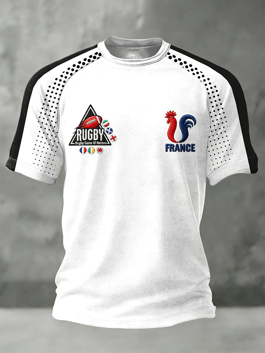 T-shirt jersey blanc en patchwork à imprimé rugby français pour hommes