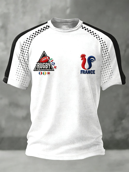 T-shirt jersey blanc en patchwork à imprimé rugby français pour hommes