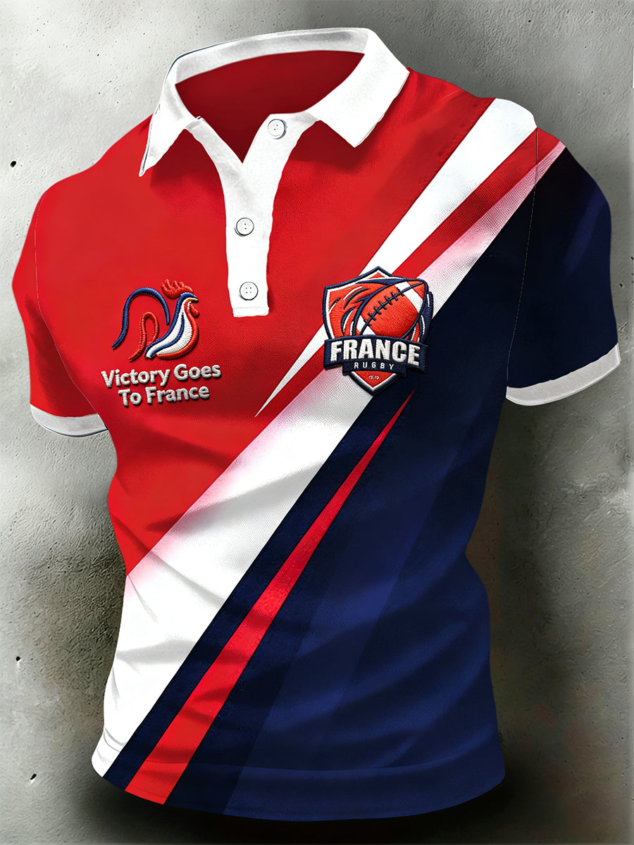 Polo en jersey décontracté imprimé patchwork French Rugby Six Nations pour hommes
