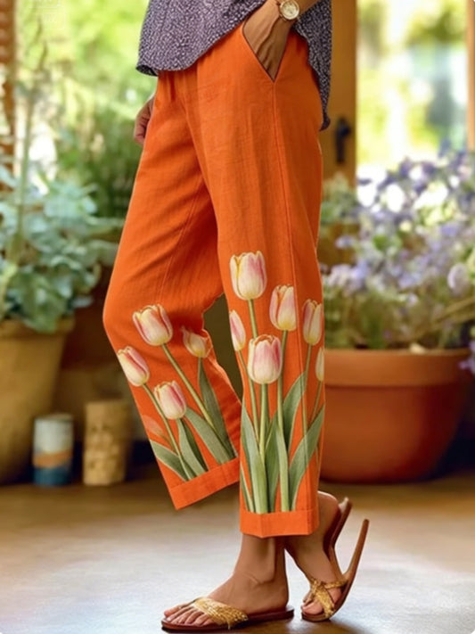 Pantalon décontracté en coton et lin à imprimé floral pour femmes