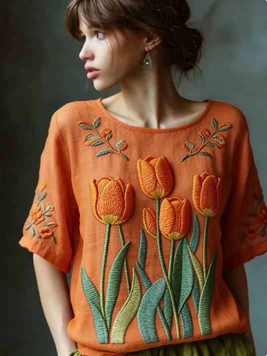 Chemise décontractée en lin brodé Flowy pour femmes