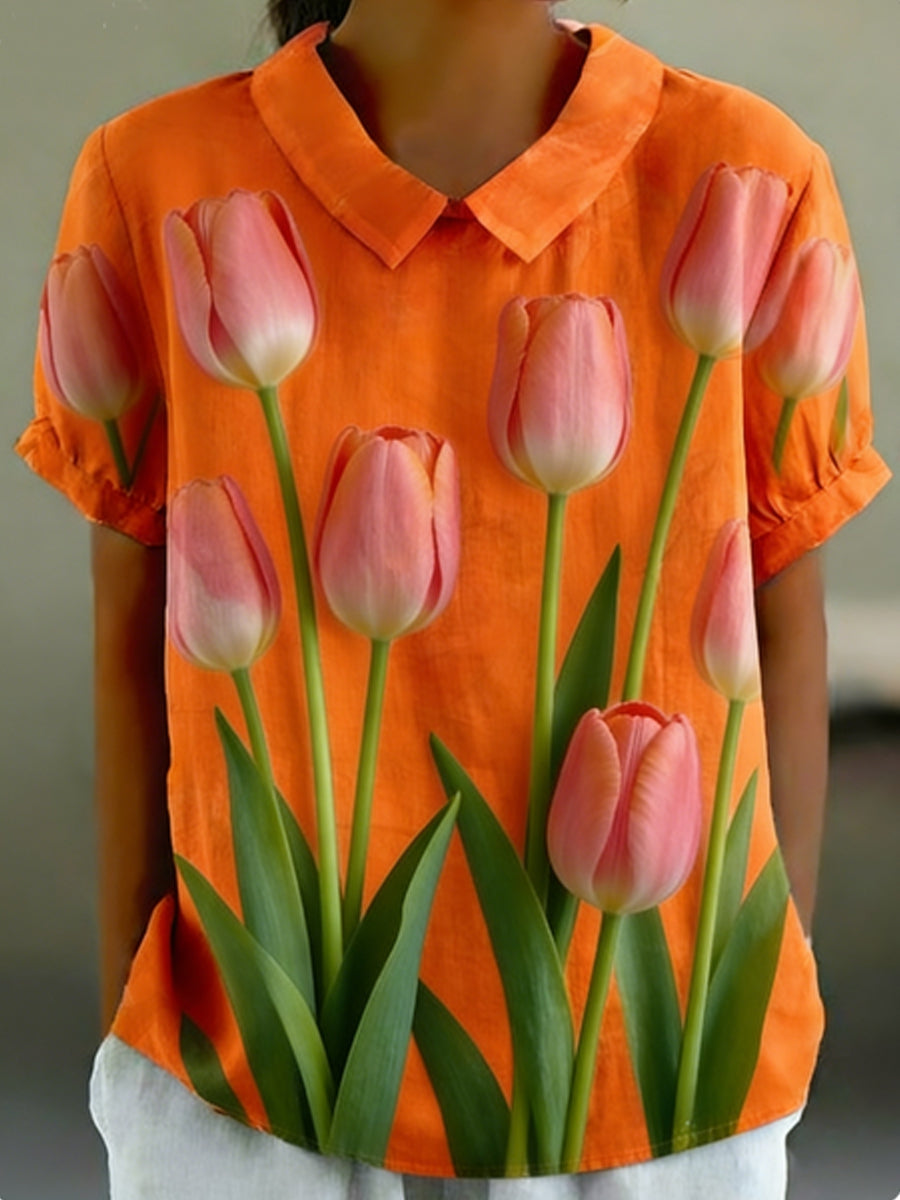 Chemise à manches courtes en coton et lin à imprimé floral pour femme