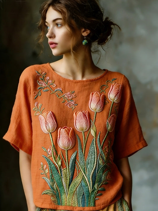 Chemise décontractée en lin brodé Flowy pour femmes
