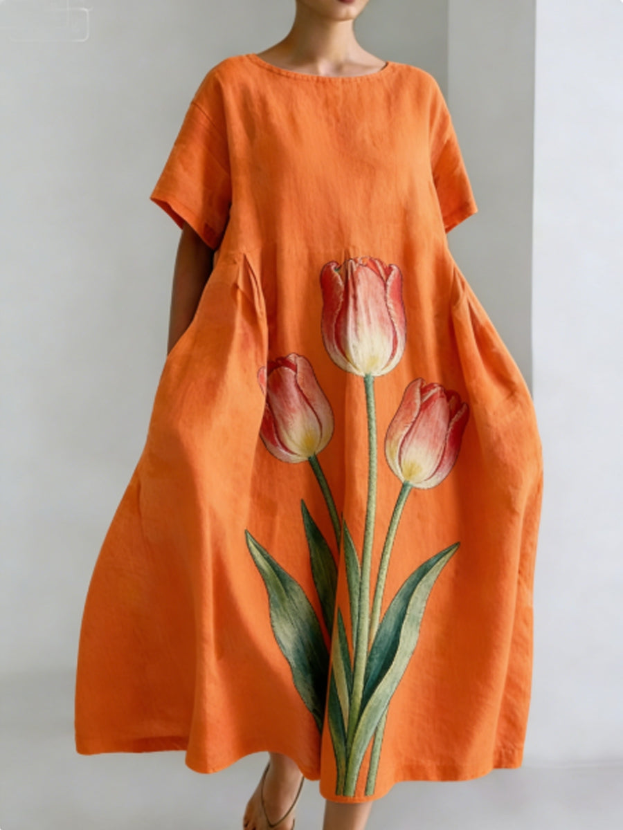 Femmes Floral Art Imprimer manches courtes Robes de poche