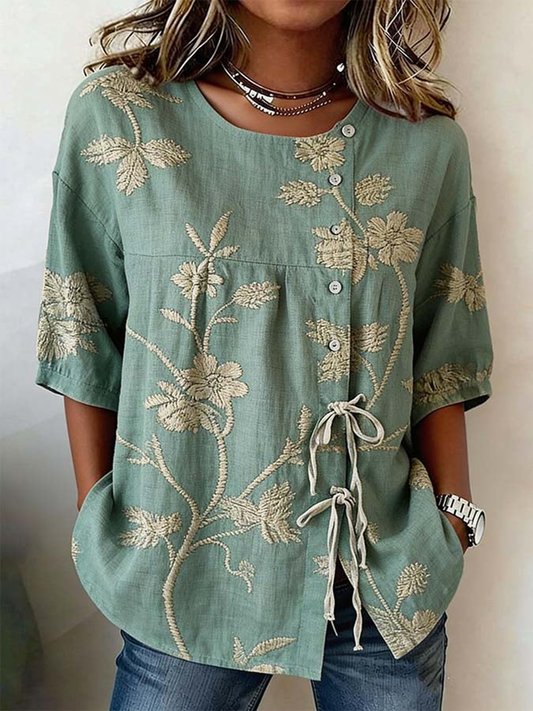 Chemise pour femme en mélange de lin, à boutons et à lacets, motifs plantes et fleurs