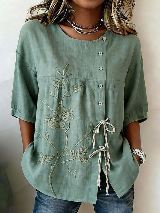 Chemise Femme Boutonnée Et Lacée Plantes Et Fleurs En Lin Mélangé