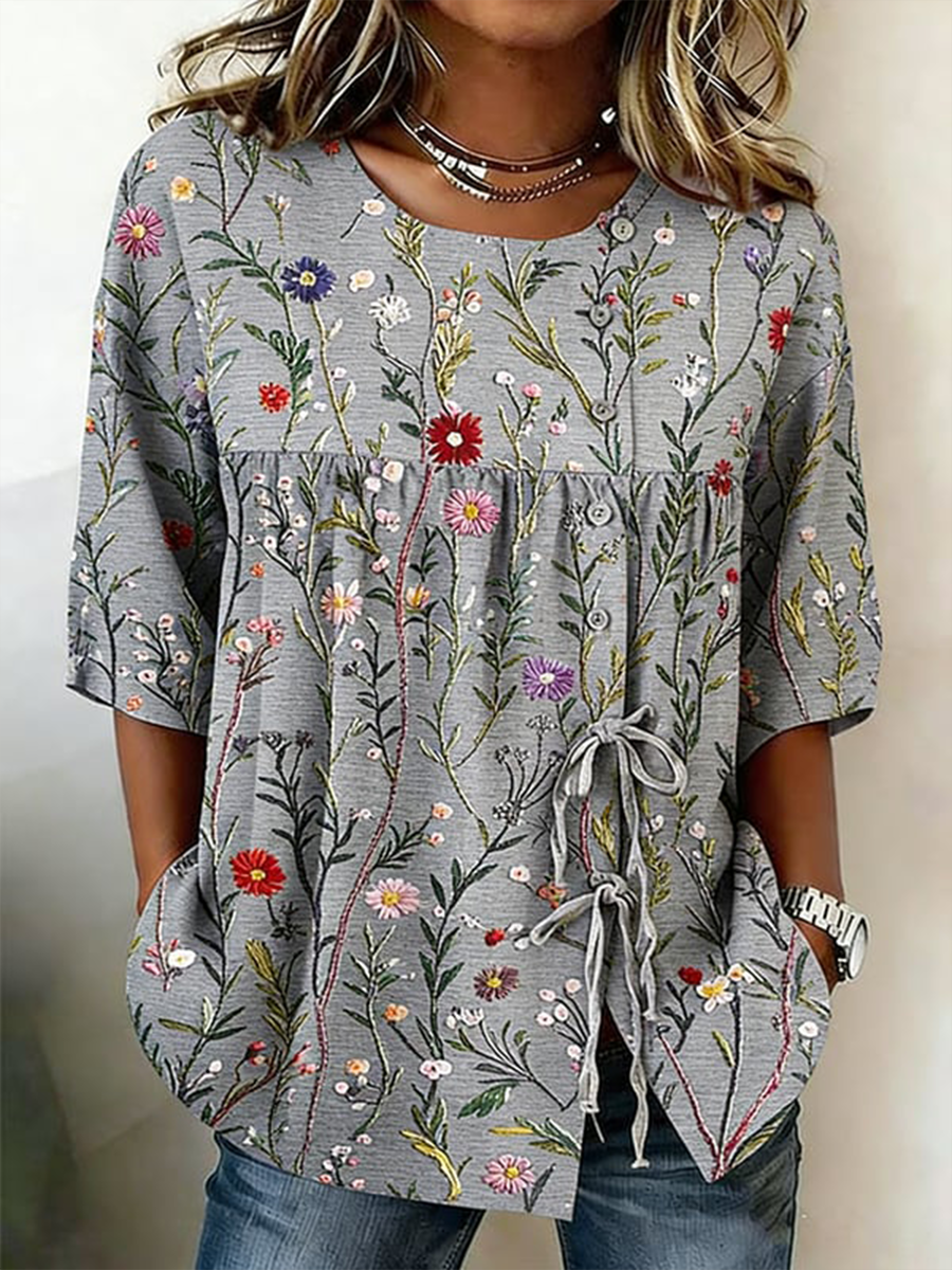 Chemise Femme Boutonnée Et Lacée Plantes Et Fleurs En Lin Mélangé