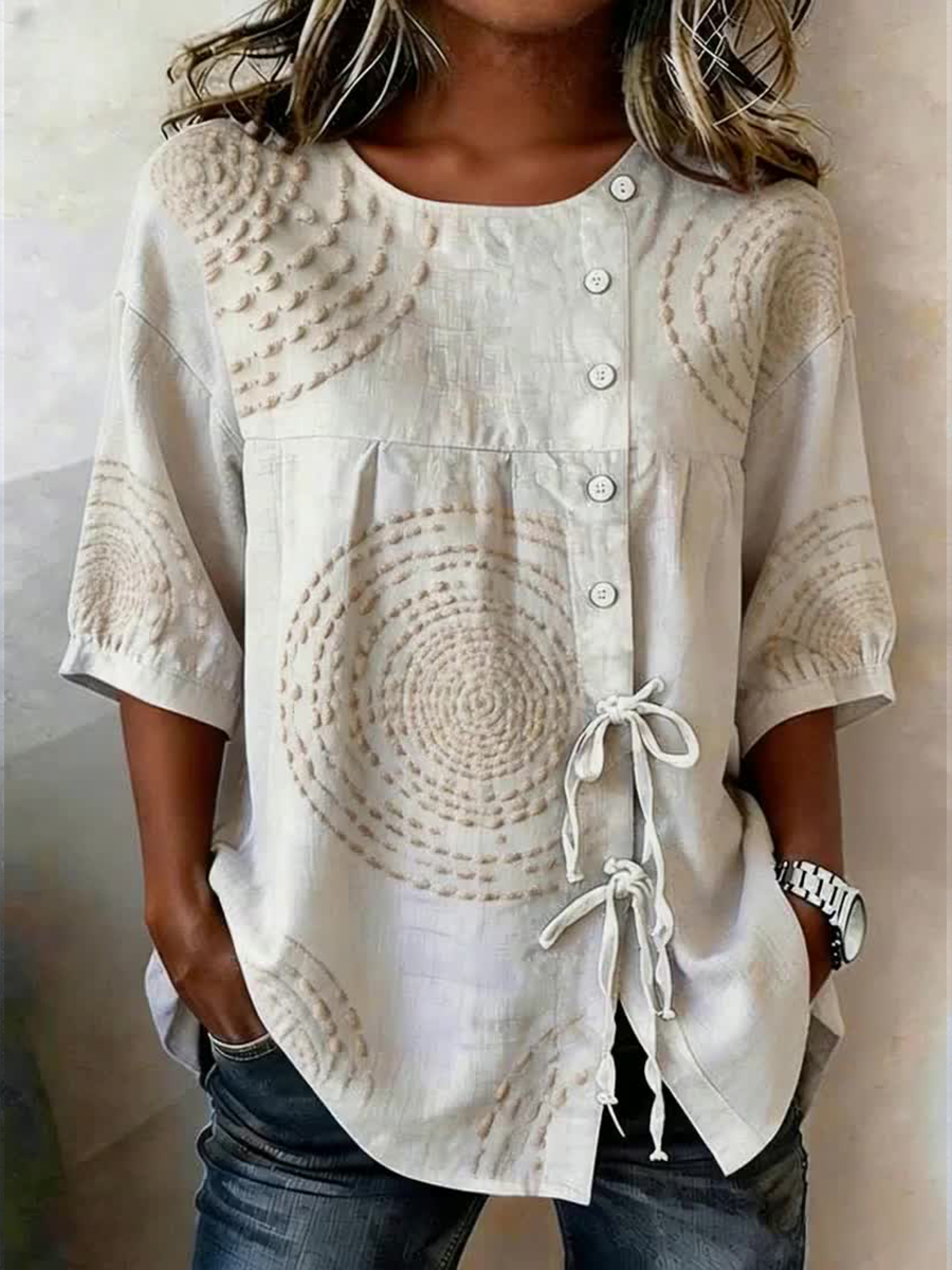 Chemise pour femme en mélange de lin, à motifs géométriques, boutonnée et lacée
