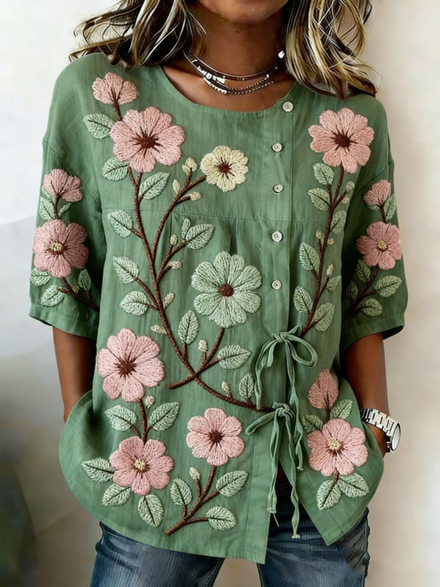 Chemise pour femme en mélange de lin, à boutons et à lacets, motifs plantes et fleurs