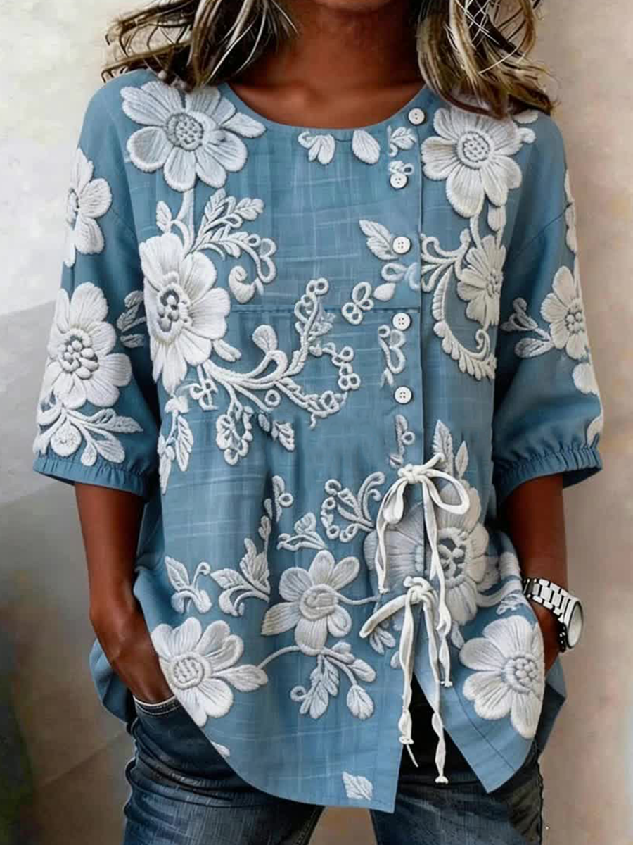 Chemise Femme Boutonnée Et Lacée Plantes Et Fleurs En Lin Mélangé