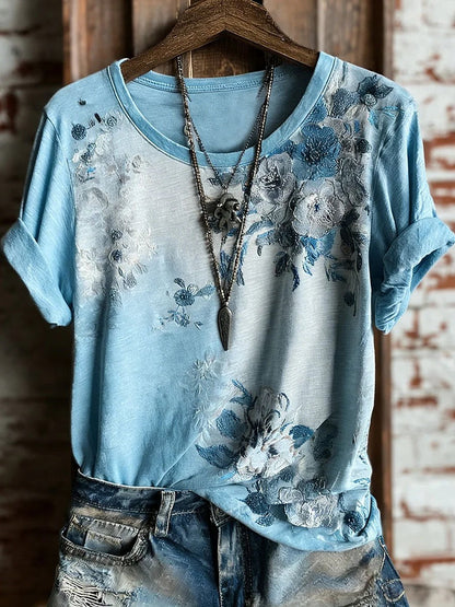Vintage Floral Art Print Casual T-shirt à manches courtes pour femmes