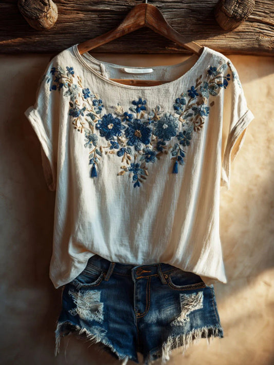 Vintage Floral Art Print Casual T-shirt à manches courtes pour femmes