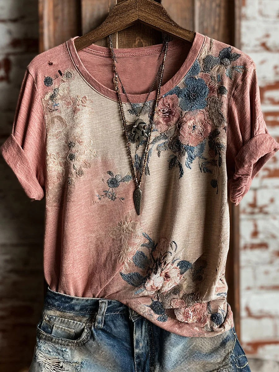 Vintage Floral Art Print Casual T-shirt à manches courtes pour femmes