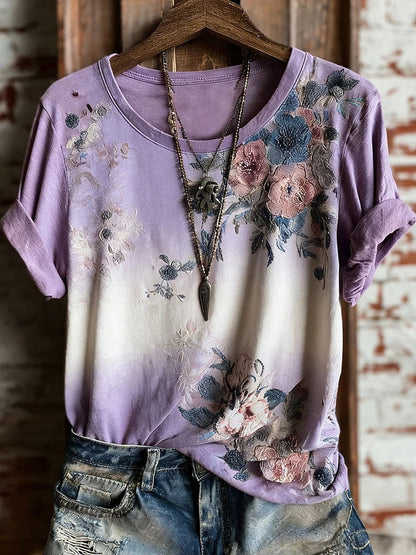 Vintage Floral Art Print Casual T-shirt à manches courtes pour femmes