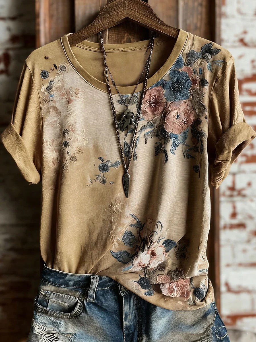 Vintage Floral Art Print Casual T-shirt à manches courtes pour femmes