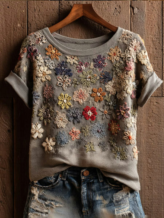 T-shirt décontracté pour femmes, style vintage, imprimé floral artistique, manches courtes