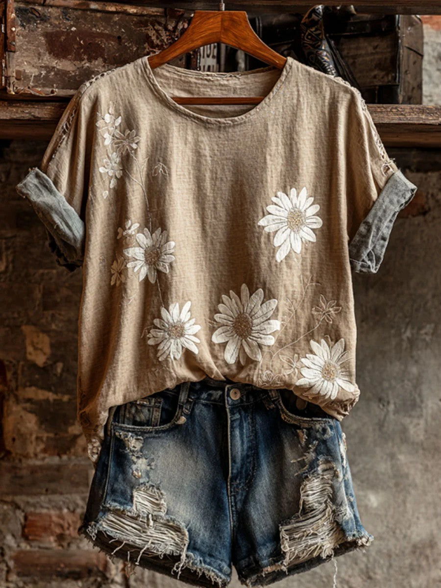 Vintage Floral Art Print Casual T-shirt à manches courtes pour femmes