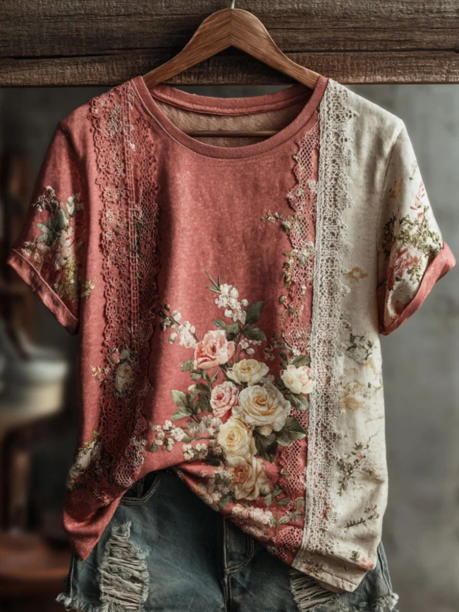 Vintage Floral Art Print Casual T-shirt à manches courtes pour femmes